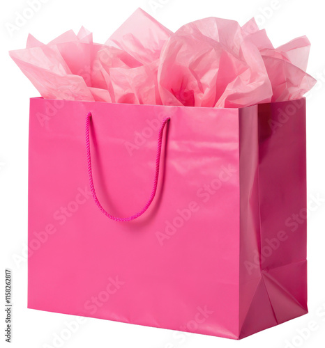 Pink gift bag filled with tissue paper isolated with transparent background