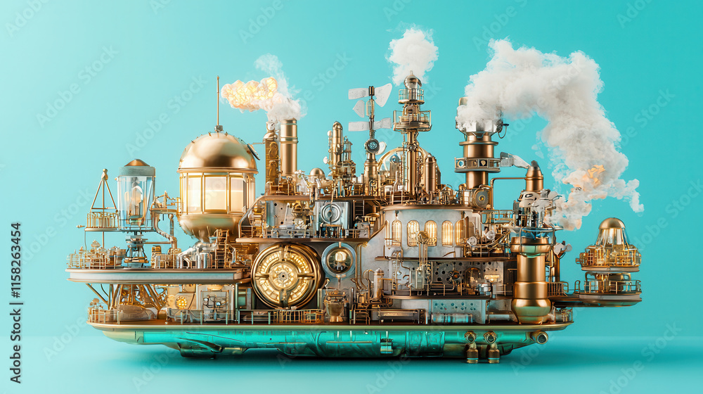 Fototapeta premium Steampunk oil rig with intricate machinery and golden details, showcasing industrial design and creativity
