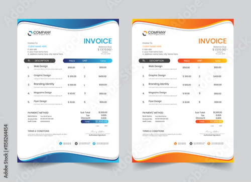 Corporate Business Invoice design template.
Bill form price invoice vector illustration.
Creative invoice template with A4 size,
Modern invoices with 2 color sets.
