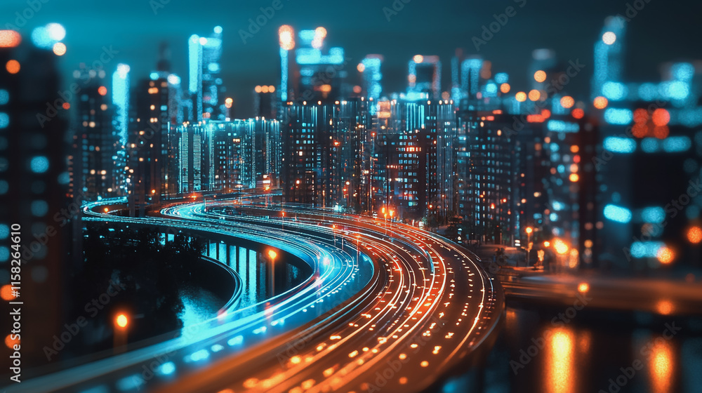 Fototapeta premium Smart Innovation city with connection cyber security network reciprocity over the night cityscape future wireless digital city and social media networking systems that connects people in the city