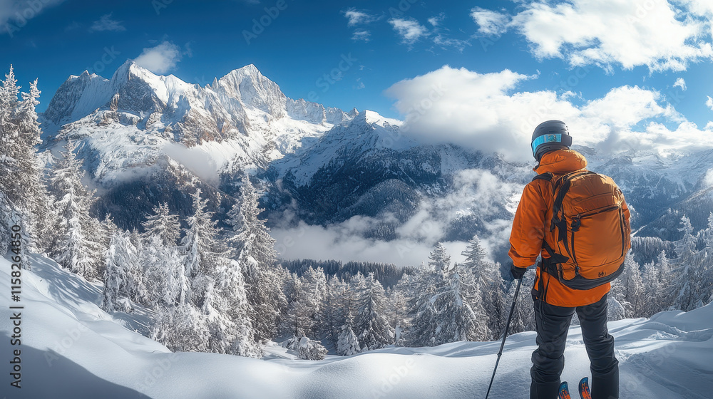 Hikers with backpacks stood at the top of the mountain looking at the snow-covered peaks Hikers with backpacks stood at the top of the mountain looking at the snow-covered peaks