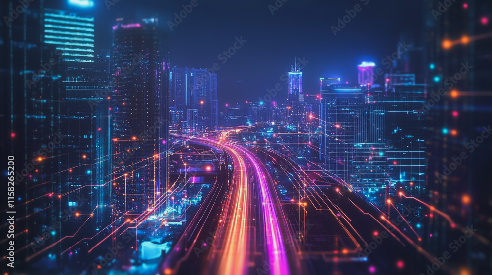 Smart Innovation city with connection cyber security network reciprocity over the night cityscape future wireless digital city and social media networking systems that connects people in the city Smart Innovation city with connection cyber security network reciprocity over the night cityscape future wireless digital city and social media networking systems that connects people in the city