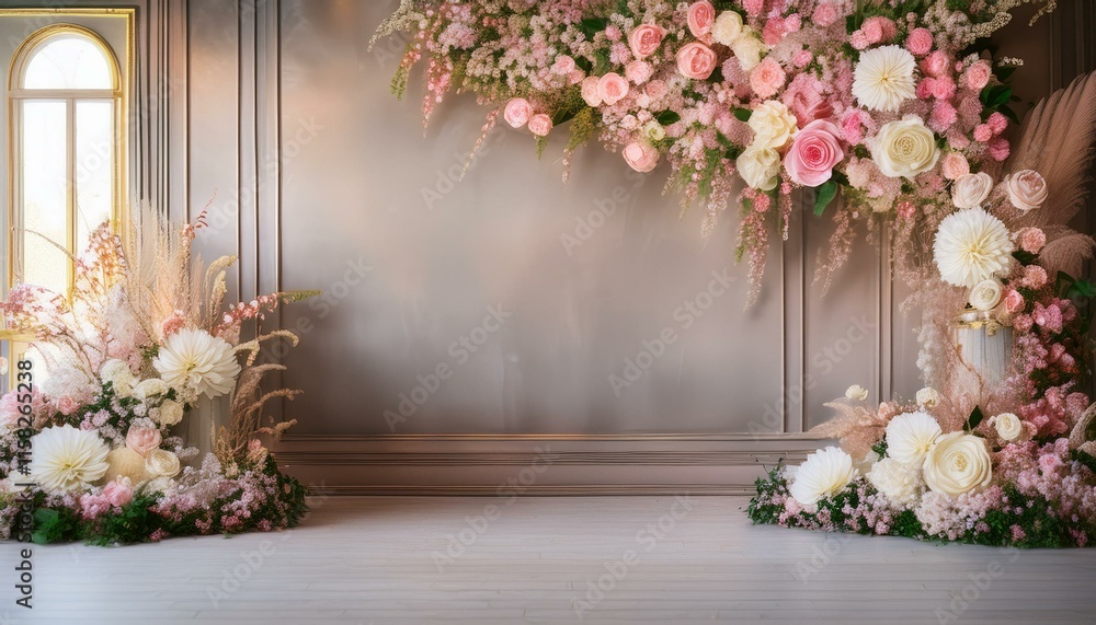 Elegant maternity or wedding backdrop featuring delicate flowers and a vintage textured wall, creating a romantic and timeless photography background for special events. Elegant maternity or wedding backdrop featuring delicate flowers and a vintage textured wall, creating a romantic and timeless photography background for special events.