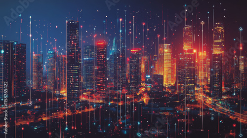 Wallpaper Mural Smart Innovation city with connection cyber security network reciprocity over the night cityscape future wireless digital city and social media networking systems that connects people in the city Torontodigital.ca