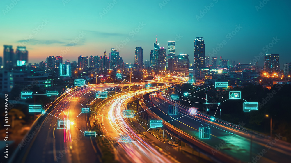 Smart Innovation city with connection cyber security network reciprocity over the night cityscape future wireless digital city and social media networking systems that connects people in the city Smart Innovation city with connection cyber security network reciprocity over the night cityscape future wireless digital city and social media networking systems that connects people in the city
