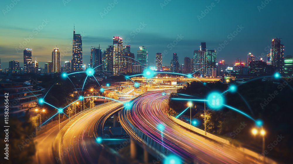 Smart Innovation city with connection cyber security network reciprocity over the night cityscape future wireless digital city and social media networking systems that connects people in the city Smart Innovation city with connection cyber security network reciprocity over the night cityscape future wireless digital city and social media networking systems that connects people in the city