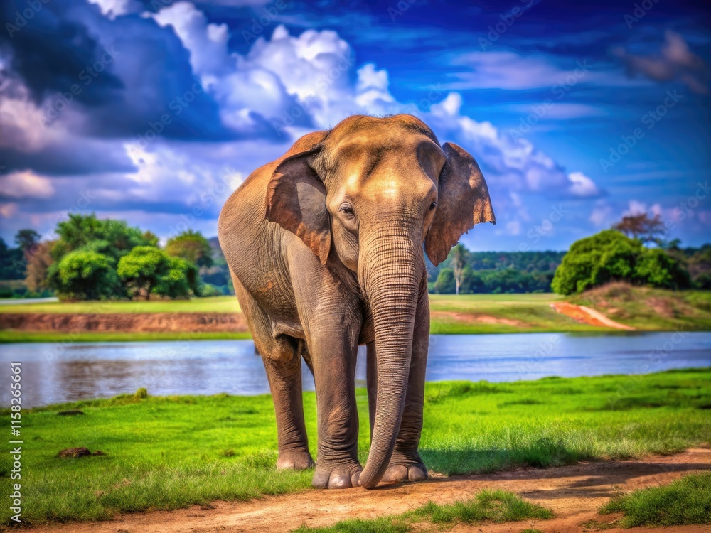 Fototapeta premium Solitary Udawalawe elephant, minimalist Sri Lankan wildlife photography. National Park serenity.