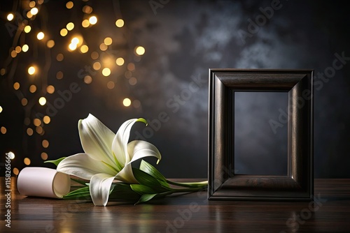 Sophisticated black frame displays a cherished photo, accented by a white lily and elegant ribbon, creating a serene memorial.