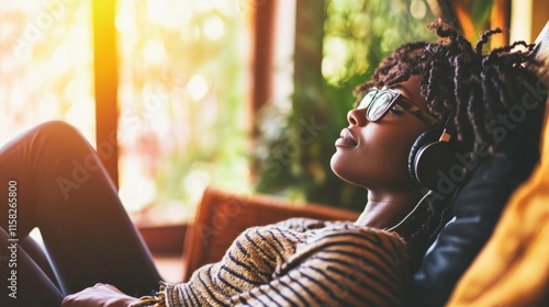 Person relaxing with headphones on, enjoying a moment of solitude and personal entertainment, embracing the power of music to rejuvenate and escape from daily stress.