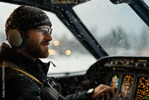 Pilot navigating aircraft in snowy weather cockpit view aviation winter professional focused photo