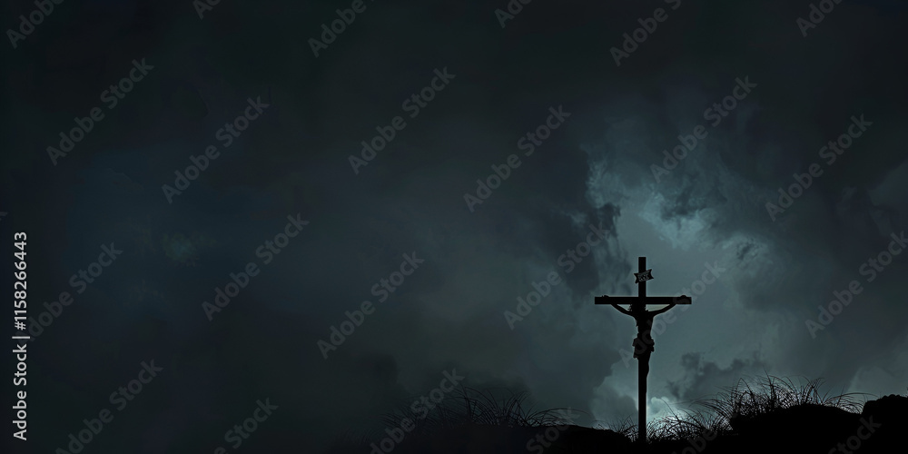 Naklejka premium Silhouette of a cross against a dark stormy sky, Religious symbolism in dramatic nature scene
