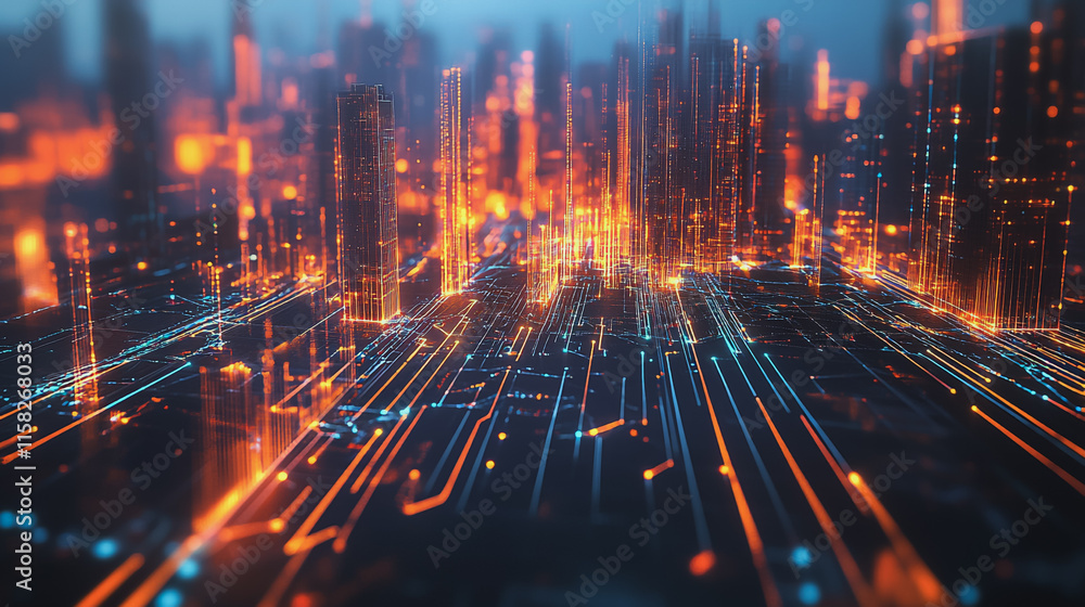 Fototapeta premium Smart Innovation city with connection cyber security network reciprocity over the night cityscape future wireless digital city and social media networking systems that connects people in the city