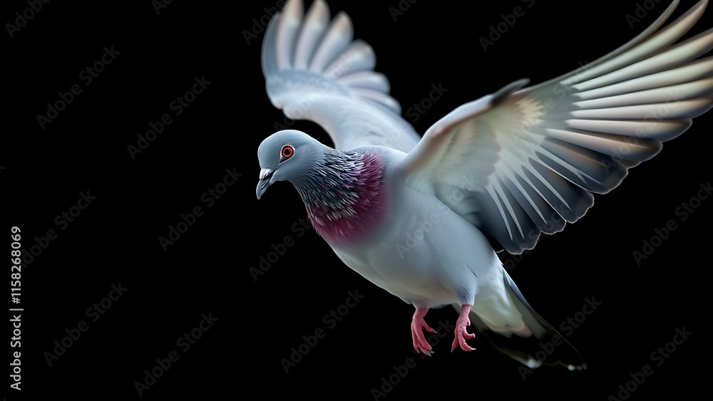Obraz premium Close-up of a flying pigeon with wings spread on a black background