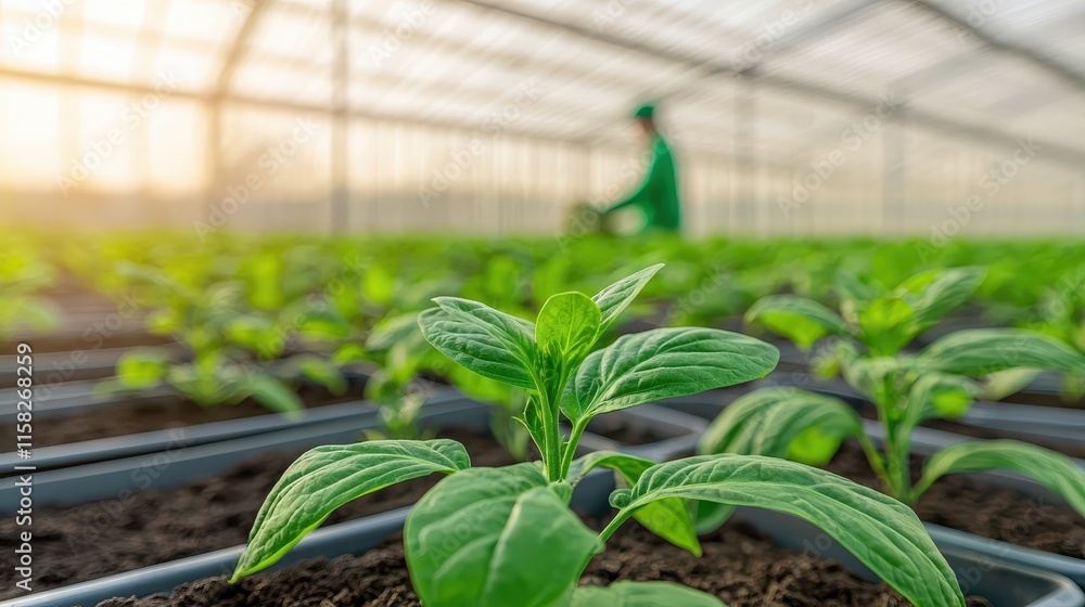 A close-up of vibrant green seedlings growing in a greenhouse, with a blurred figure tending to the plants in the background during golden hour. A close-up of vibrant green seedlings growing in a greenhouse, with a blurred figure tending to the plants in the background during golden hour.