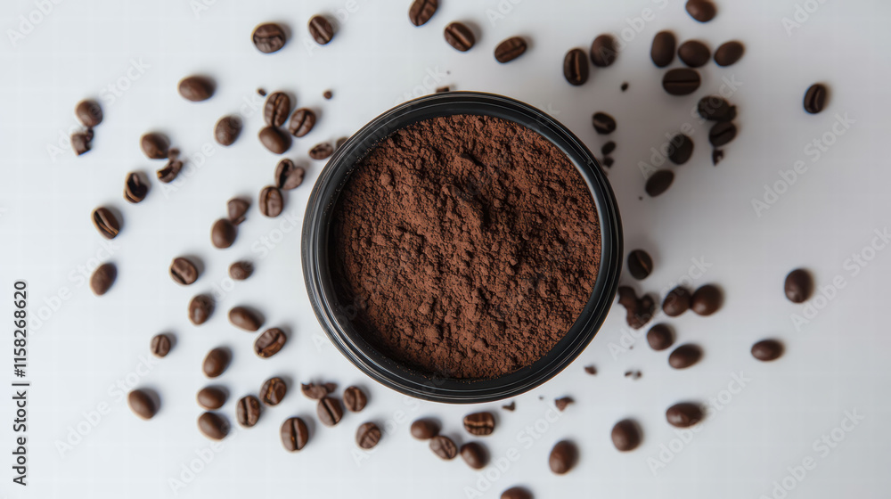 top down view of coffee mug filled with ground coffee and surrounded by coffee beans, creating rich and inviting atmosphere for coffee lovers top down view of coffee mug filled with ground coffee and surrounded by coffee beans, creating rich and inviting atmosphere for coffee lovers