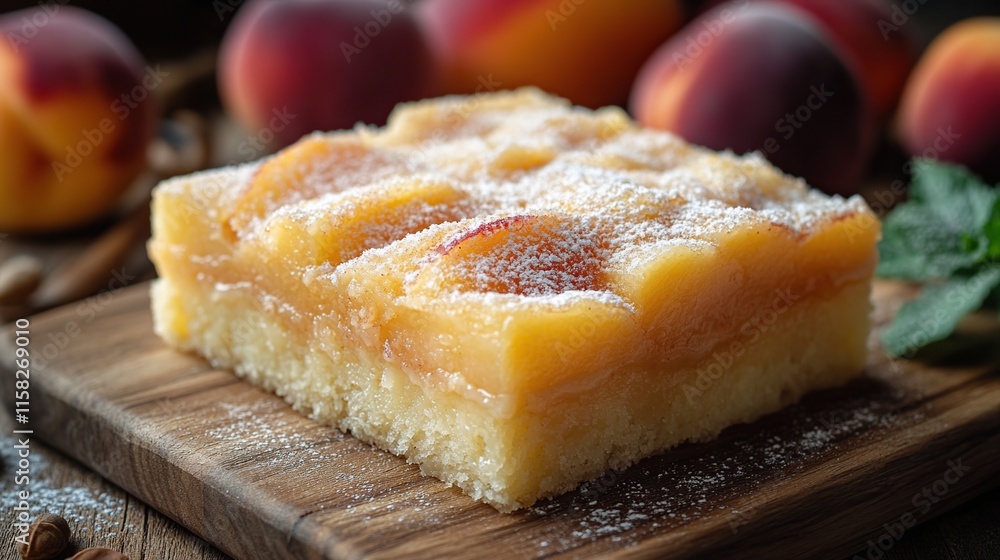 Delicious peach cake slice on wooden board, dusted with powdered sugar, fresh peaches in background. Delicious peach cake slice on wooden board, dusted with powdered sugar, fresh peaches in background.