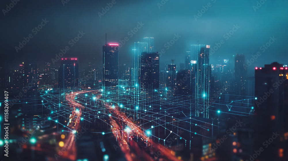 Fototapeta premium Smart Innovation city with connection cyber security network reciprocity over the night cityscape future wireless digital city and social media networking systems that connects people in the city