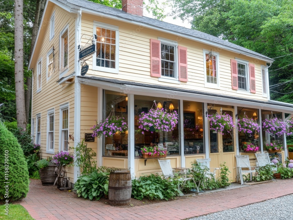 Obraz premium Charming Yellow House Coffee Shop With Hanging Flowers