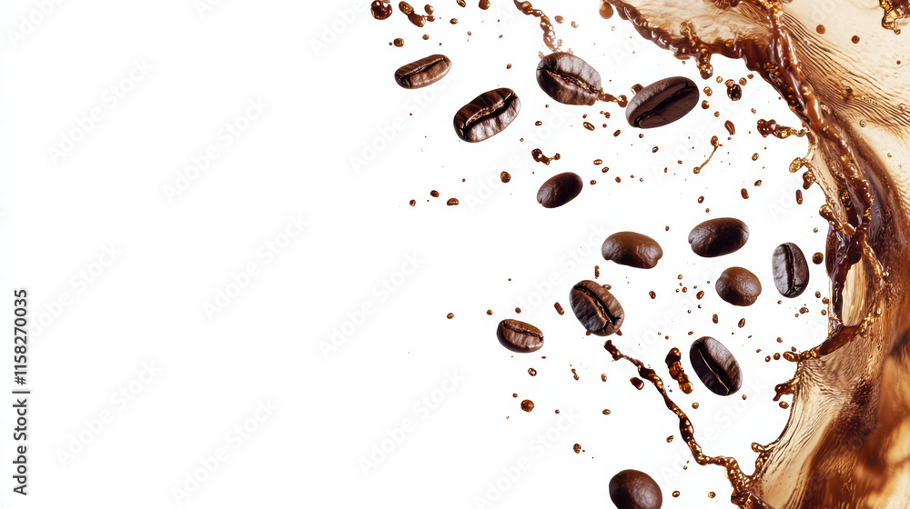 Fototapeta premium Dynamic coffee splash with beans isolated on white background, creating energetic and vibrant scene that captures essence of coffee rich flavor and aroma