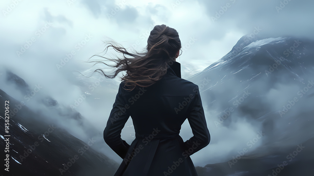 Mysterious woman in dark coat standing in front of mountain landscape. Windswept. Illustration Mysterious woman in dark coat standing in front of mountain landscape. Windswept. Illustration