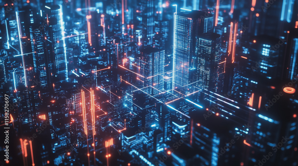 Smart Innovation city with connection cyber security network reciprocity over the night cityscape future wireless digital city and social media networking systems that connects people in the city