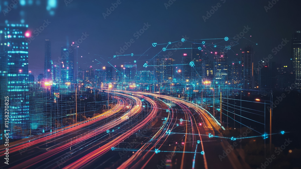 Fototapeta premium Smart Innovation city with connection cyber security network reciprocity over the night cityscape future wireless digital city and social media networking systems that connects people in the city