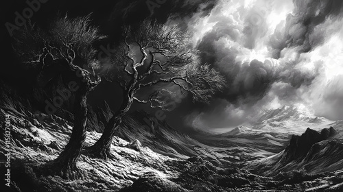 Nature, shown in a gothic-style mountain environment where stormy skies and dark, windswept trees dominate the haunting scene. Windswept. Illustration photo