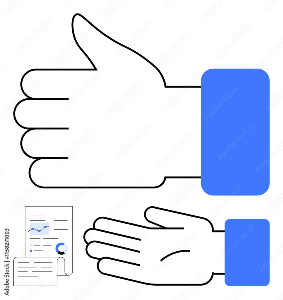 Thumbs up, open hand, document with charts and text. Ideal for feedback, agreement, communication, interaction, approval business and learning. Line metaphor Thumbs up, open hand, document with charts and text. Ideal for feedback, agreement, communication, interaction, approval business and learning. Line metaphor