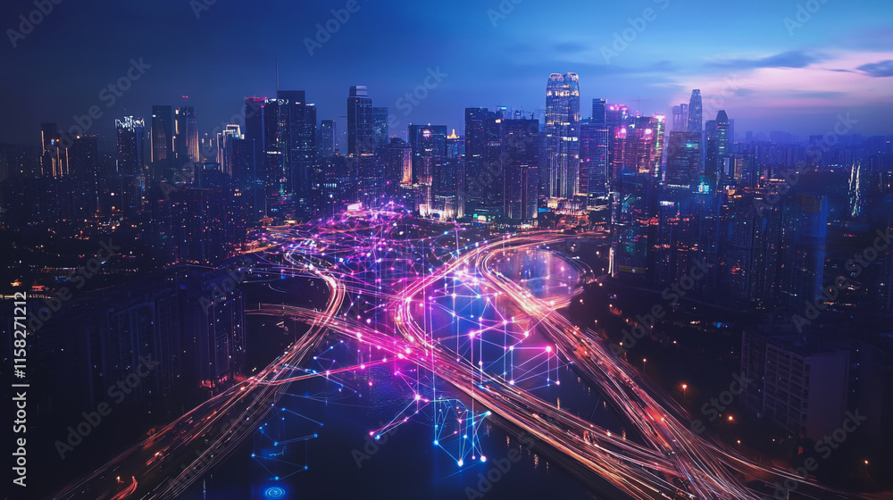 Fototapeta premium Smart Innovation city with connection cyber security network reciprocity over the night cityscape future wireless digital city and social media networking systems that connects people in the city