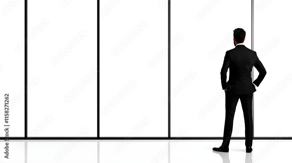 Fototapeta premium Businessman in Suit Looking at Blank Wall with Reflection and Light