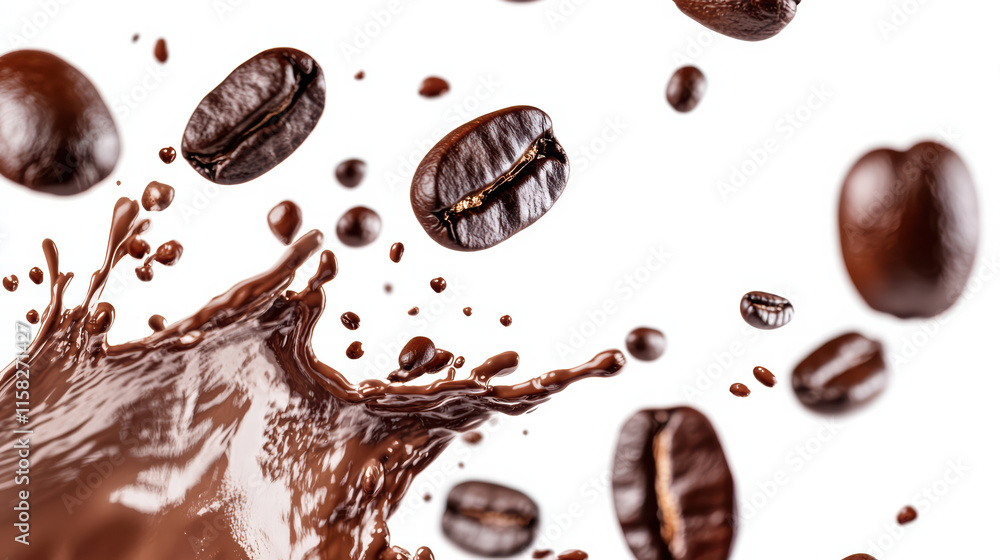 vibrant coffee splash with flying coffee beans creates energetic scene, showcasing rich texture and color of coffee. This dynamic image captures essence of coffee culture vibrant coffee splash with flying coffee beans creates energetic scene, showcasing rich texture and color of coffee. This dynamic image captures essence of coffee culture