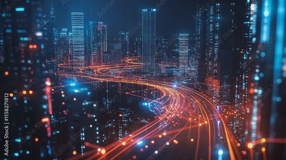 Fototapeta premium Smart Innovation city with connection cyber security network reciprocity over the night cityscape future wireless digital city and social media networking systems that connects people in the city