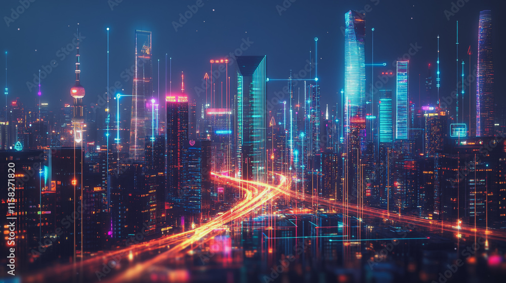Smart Innovation city with connection cyber security network reciprocity over the night cityscape future wireless digital city and social media networking systems that connects people in the city Smart Innovation city with connection cyber security network reciprocity over the night cityscape future wireless digital city and social media networking systems that connects people in the city