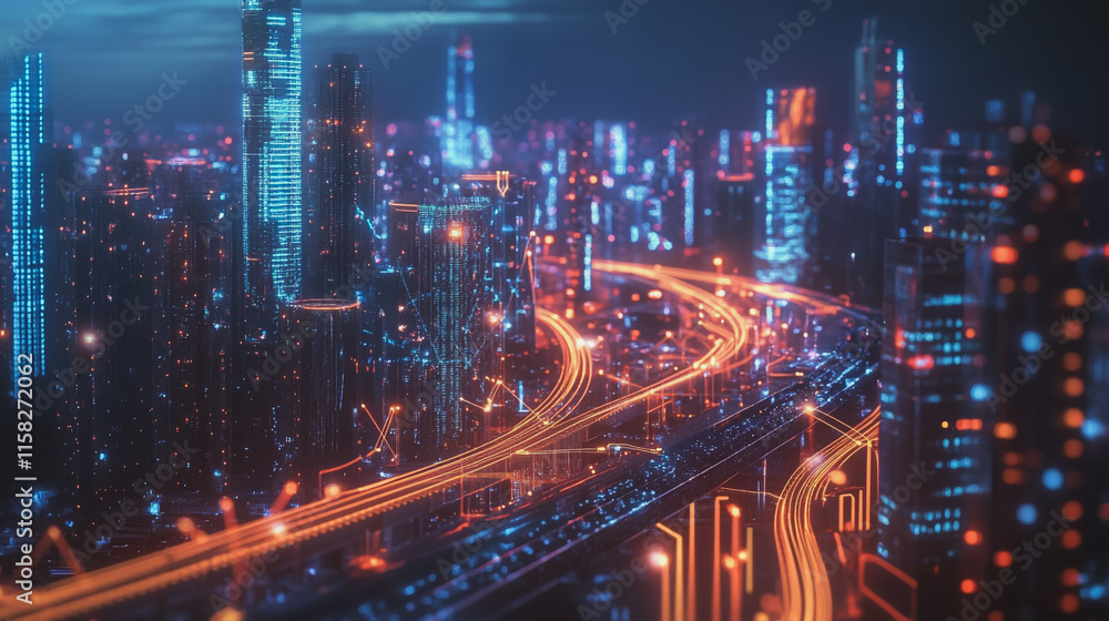 Smart Innovation city with connection cyber security network reciprocity over the night cityscape future wireless digital city and social media networking systems that connects people in the city Smart Innovation city with connection cyber security network reciprocity over the night cityscape future wireless digital city and social media networking systems that connects people in the city