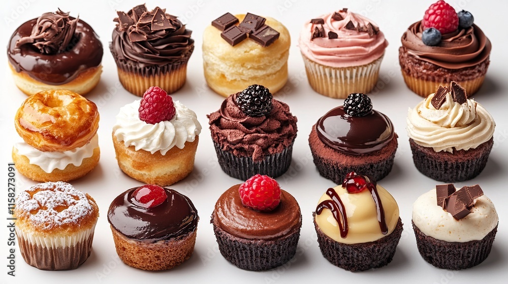 Assorted delicious cupcakes and donuts arranged on white background. Assorted delicious cupcakes and donuts arranged on white background.