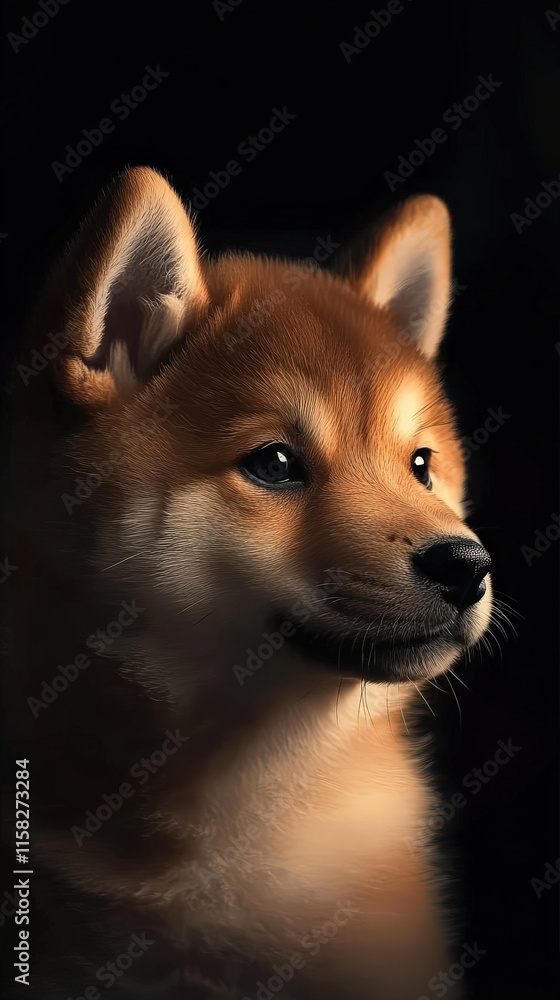 Close up photo of the head of a traditional Japanese dog Close up photo of the head of a traditional Japanese dog