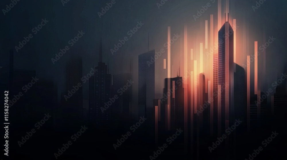 Silhouetted city skyline with glowing orange and purple colors at dusk. Silhouetted city skyline with glowing orange and purple colors at dusk.