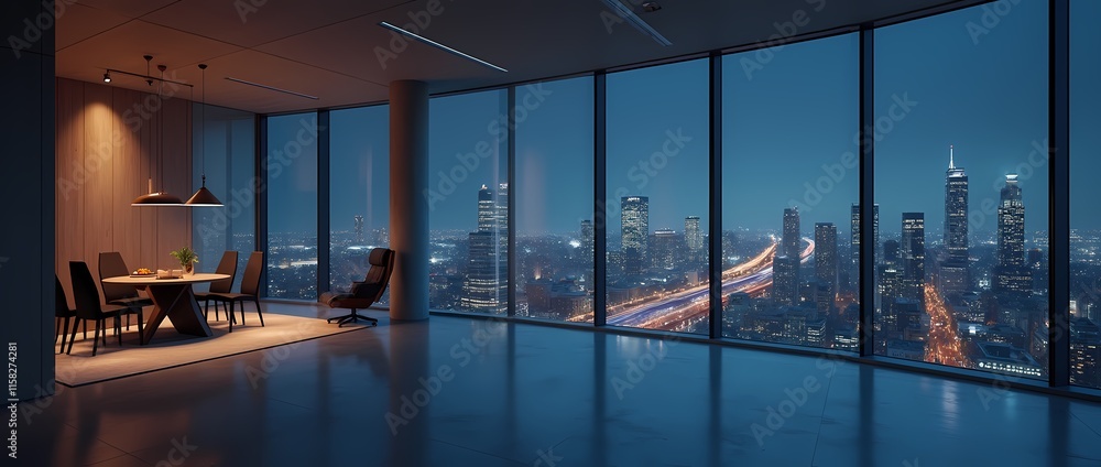 Naklejka premium Modern empty room with night city view