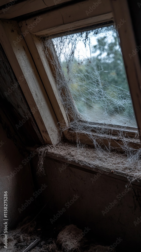 An eerie window in an abandoned attic covered with cobwebs.