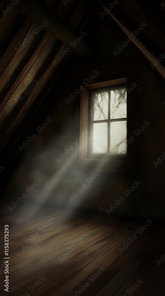 Mysterious attic with light beams shining through a dusty window. Mysterious attic with light beams shining through a dusty window.