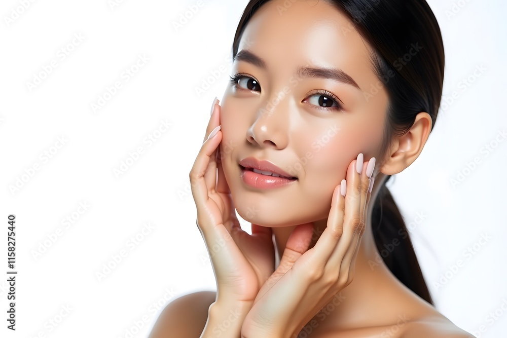 Beautiful young Asian woman with perfect skin touching her face. Facial care. Beauty and spa concept. Isolated. Makeup, beauty and spa concept. Isolated on white background. Beautiful young Asian woman with perfect skin touching her face. Facial care. Beauty and spa concept. Isolated. Makeup, beauty and spa concept. Isolated on white background.