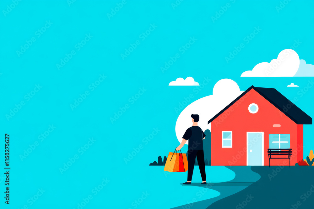 A person is standing near a colorful house, holding shopping bags, surrounded by a bright, cheerful landscape with a clear sky and fluffy clouds. A person is standing near a colorful house, holding shopping bags, surrounded by a bright, cheerful landscape with a clear sky and fluffy clouds.