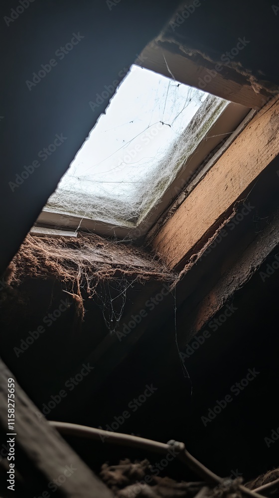 Obraz premium An eerie view of a dusty attic window revealing spider webs and natural light.