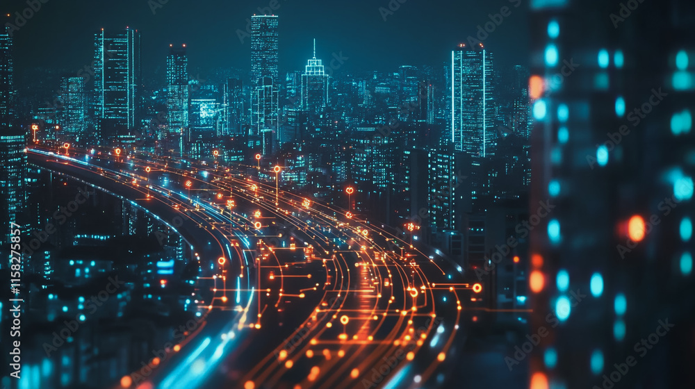 Smart Innovation city with connection cyber security network reciprocity over the night cityscape future wireless digital city and social media networking systems that connects people in the city Smart Innovation city with connection cyber security network reciprocity over the night cityscape future wireless digital city and social media networking systems that connects people in the city