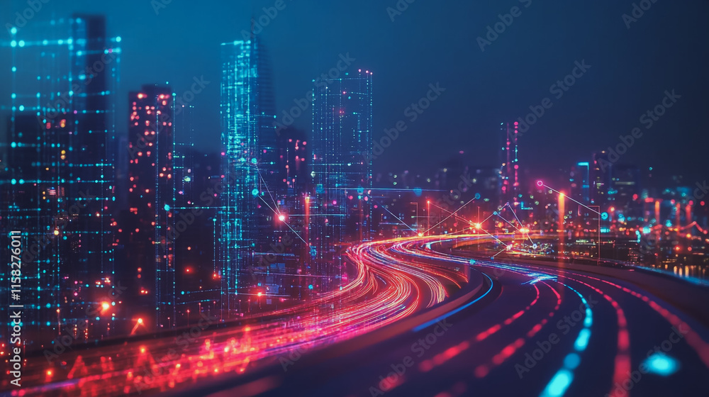 Smart Innovation city with connection cyber security network reciprocity over the night cityscape future wireless digital city and social media networking systems that connects people in the city Smart Innovation city with connection cyber security network reciprocity over the night cityscape future wireless digital city and social media networking systems that connects people in the city