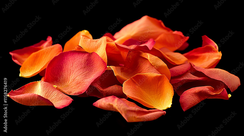 Colorful Rose Petals Scattered on Black Background Creating a Vibrant Display Colorful Rose Petals Scattered on Black Background Creating a Vibrant Display