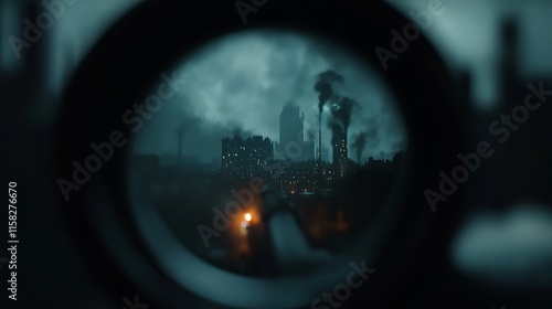 Mysterious cityscape viewed through a sniper scope, shrouded in smoke and shadows.