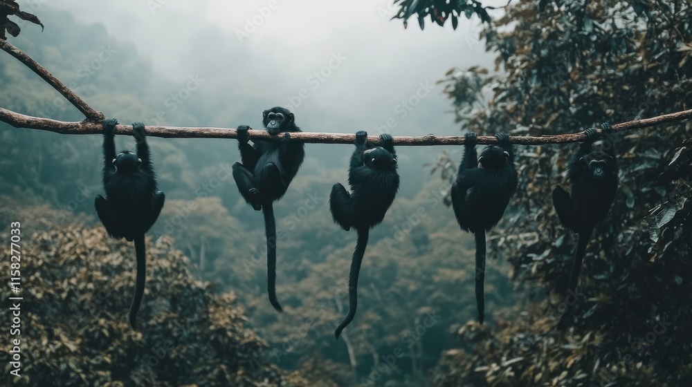 Monkeys Hanging from Jungle Branches in Soft Light Monkeys Hanging from Jungle Branches in Soft Light