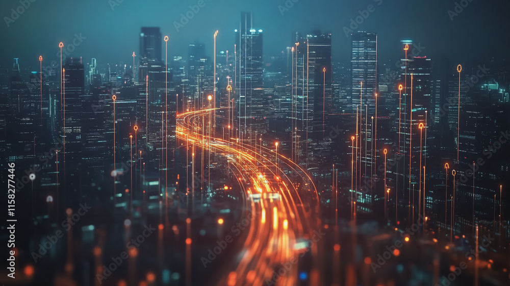 Smart Innovation city with connection cyber security network reciprocity over the night cityscape future wireless digital city and social media networking systems that connects people in the city Smart Innovation city with connection cyber security network reciprocity over the night cityscape future wireless digital city and social media networking systems that connects people in the city