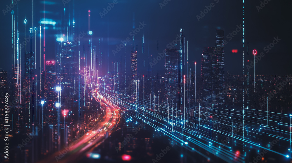 Smart Innovation city with connection cyber security network reciprocity over the night cityscape future wireless digital city and social media networking systems that connects people in the city Smart Innovation city with connection cyber security network reciprocity over the night cityscape future wireless digital city and social media networking systems that connects people in the city